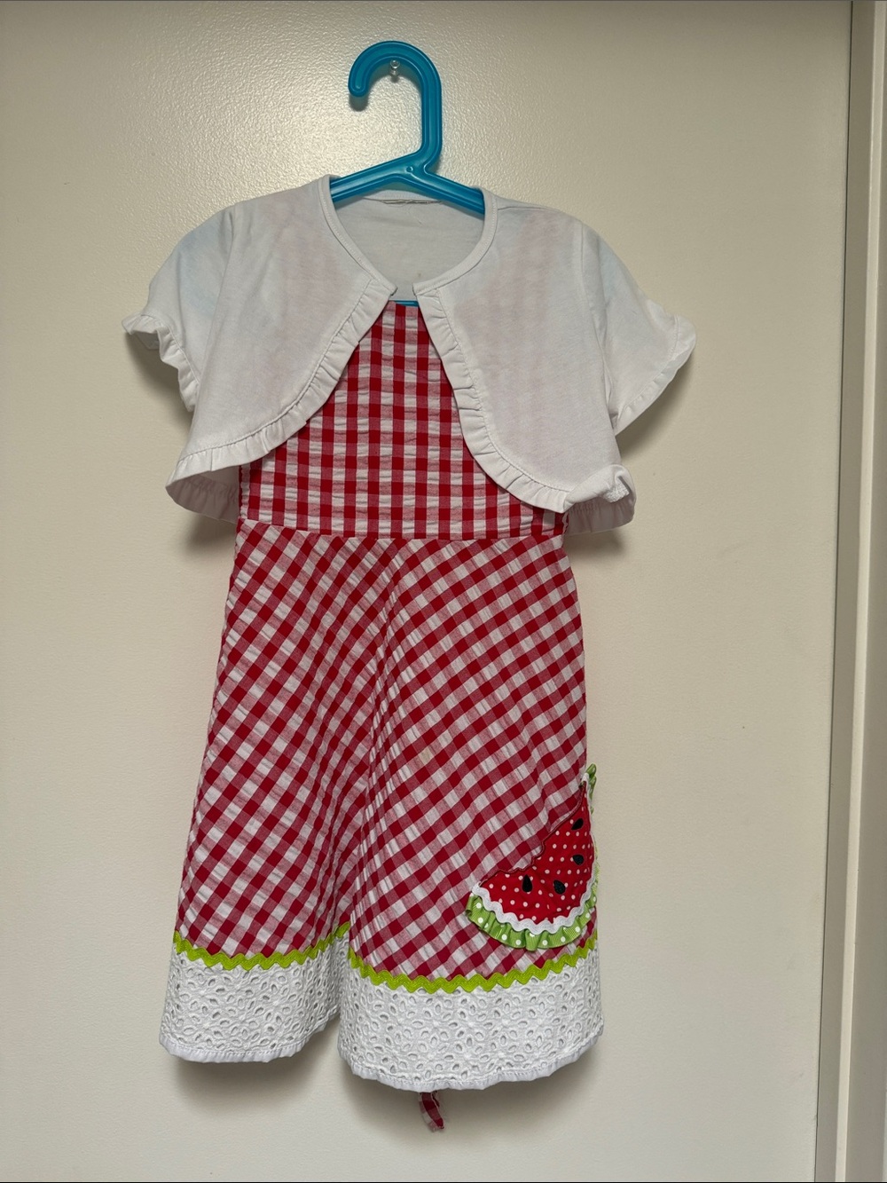 Rare Editions Red and White Gingham Dress with White Bolero and Green Trim